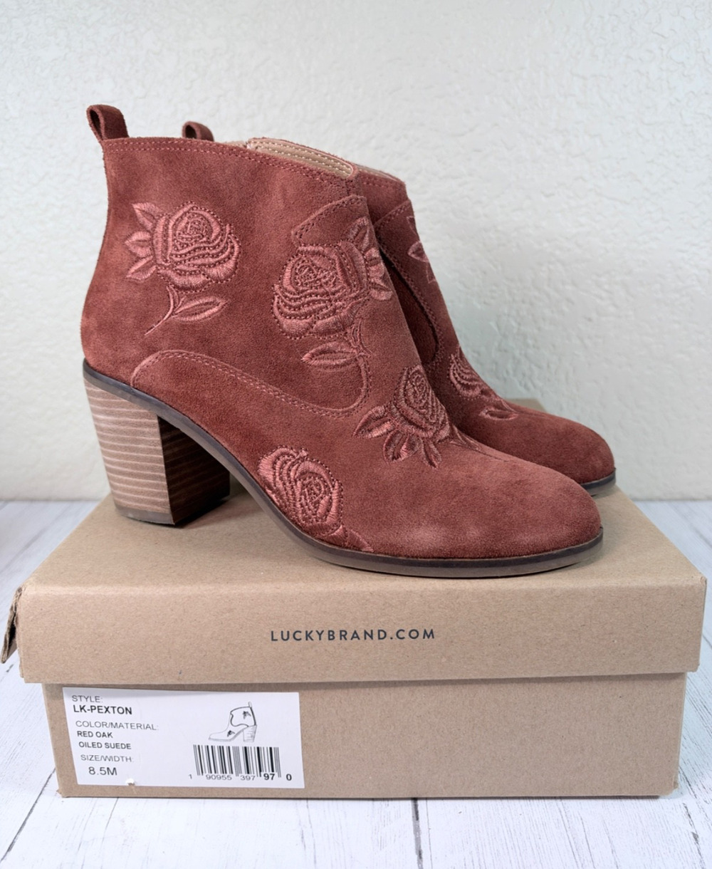 Lucky Brand LK-Pexton Red Oak Suede Floral Embroidered Rose Booties Sz 8.5 Box